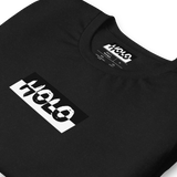 Folded black t-shirt with our logo HOLO