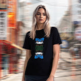 Women’s T-Shirt cover featuring a model wearing Lit Mountain, standing against an urban city background.