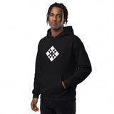 Front-left view of a black men’s hoodie by HOLO streetwear, featuring a striking 2D Square design centered on the chest. The square is rotated, with its vertex pointing upwards. Inside, the square is divided into nine smaller squares. The central square is black, while the four corner squares are white. The four edge squares are split diagonally into four triangles, with two white triangles and two showing the natural fabric texture.