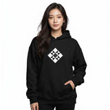 Front view of a women’s hoodie by HOLO streetwear, featuring a striking 2D Square design centered on the chest. The square is rotated, with its vertex pointing upwards. Inside, the square is divided into nine smaller squares. The central square is black, while the four corner squares are white. The four edge squares are split diagonally into four triangles, with two white triangles and two showing the natural fabric texture.