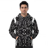 Front view of a all over print men’s hoodie by HOLO streetwear. Abstract Drawing features a black and white complex design with a highlighted detail in the center of the torso and a white strap over the shoulders.