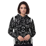 Front view of a all over print women’s hoodie by HOLO streetwear. Abstract Drawing features a black and white complex design with a highlighted detail in the center of the torso and a white strap over the shoulders.