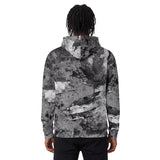 Back view of a all over print men’s hoodie. Features the same mirrored design as the front. Blight by HOLO streetwear