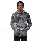 Front view of a all over print men’s hoodie by HOLO streetwear. Blight  design features an impression of a decaying surface that time has taken its toll on. Very detailed and in grayscale.
