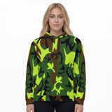 Front view of the Camo Pop women’s all-over print streetwear hoodie by HOLO Streetwear, featuring a bright green, yellow, brown and black camouflage pattern.