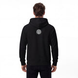 Back view of a men’s eco raglan hoodie. Here Circle Notch design placed in the center of the back only features the inverted gray circle and the curved black lines compared to the front.