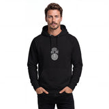Front view of a men’s eco raglan hoodie by HOLO streetwear. Circle Notch design features a shape with multiple lines in an ellipse shape divided into two, placed centered on the chest. At the bottom, the lines are black and are superimposed inside a gray circle. At the top, the lines are white creating a super general visual effect.