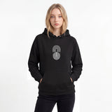 Front view of a women’s eco raglan hoodie by HOLO streetwear. Circle Notch design features a shape with multiple lines in an ellipse shape divided into two, placed centered on the chest. At the bottom, the lines are black and are superimposed inside a gray circle. At the top, the lines are white creating a super general visual effect.