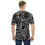 Back view of a men’s all-over printed t-shirt. Features the same mirrored design as the front.