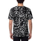 Back view of a men’s all-over printed t-shirt. Features the same mirrored design as the front.