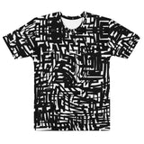 Front view flat product mockup of the Crosswired men’s all-over print T-shirt by HOLO Streetwear, featuring an abstract layout of black lines.