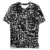 Front view flat product mockup of the Crosswired men’s all-over print T-shirt by HOLO Streetwear, featuring an abstract layout of black lines.