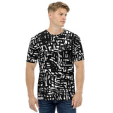 Front view of the Crosswired men’s all-over print T-shirt by HOLO Streetwear, featuring an abstract patterns of black lines of varying width and lengths, turning sharply at 90-degree angles and leaving white negative space for a bold, modern geometric look.