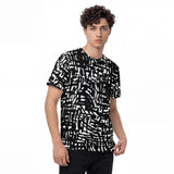 Front-right view of the Crosswired men’s all-over print T-shirt by HOLO Streetwear, featuring an abstract patterns of black lines of varying width and lengths, turning sharply at 90-degree angles and leaving white negative space for a bold, modern geometric look.