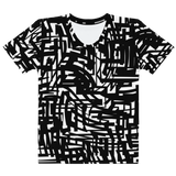 Front view flat product mockup of the Crosswired women’s all-over print T-shirt by HOLO Streetwear, showcasing a modern abstract pattern.