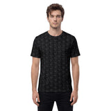 Front view of a men’s all-over printed t-shirt by HOLO streetwear. Dots design is a pattern full of gray dots printed on a black t-shirt.
