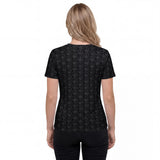 Back view of a women’s all-over printed t-shirt. Features the same mirrored design as the front.