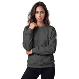 Front view of a women’s all-over printed sweatshirt by HOLO streetwear. DripDots design features a unique pattern of small circles with four-point stars inside, creating a striking visual effect when viewed from a distance.
