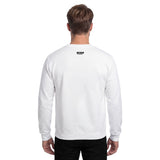 Back view of a white men's sweatshirt by HOLO streetwear. It features a small print of our logo positioned just below the neck.