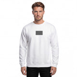 Front detail view of a white men’s sweatshirt by HOLO streetwear, showcasing the bold 'Lines and Lines' design. This eye-catching embroidery features sleek black diagonal lines forming a small, neatly centered rectangle on the chest. A minimalist yet striking streetwear piece for a refined, modern look.