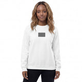 Front view of a white women’s sweatshirt by HOLO streetwear, showcasing the bold 'Lines and Lines' design. This eye-catching embroidery features sleek black diagonal lines forming a small, neatly centered rectangle on the chest. A minimalist yet striking streetwear piece for a refined, modern look.