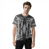 Front view of a men’s all-over printed t-shirt by HOLO streetwear. Marb Dark & ​​Grey Design is an eye-catching pattern balanced with greyscale. A rhombus shape stands out in the center of the chest with irregular mirrored shapes all around.