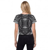 Back view of a women’s all-over printed t-shirt. Features the same mirrored design as the front.