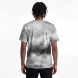Back view of a men’s all-over printed t-shirt. Features the same mirrored design as the front.