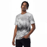 Front-left view of a men’s all-over printed t-shirt by HOLO streetwear. Mist Wisp design featuring a unique mist pattern in gray tones, with a darker cloud-like element around the belly area. A stylish and captivating tee perfect for streetwear enthusiasts.