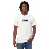Front view of a white men's t-shirt by HOLO streetwear. HOLO Sample features a print of our logo positioned in the center of the chest.