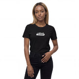 Front view of a black women's t-shirt by HOLO streetwear. HOLO Sample features a print of our logo positioned in the center of the chest.