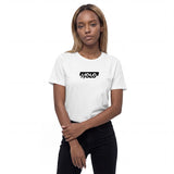 Front view of a white women's t-shirt by HOLO streetwear. HOLO Sample features a print of our logo positioned in the center of the chest.