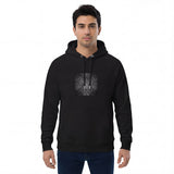 Front view of a black men’s eco raglan hoodie by HOLO streetwear. Scratchy Lines features a square in the center of the chest. In a dark grayscale, the design looks like a surface has been scratched diagonally, symmetrically and mirrored. Minimalist style.
