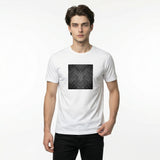 Front view of a white men’s t-shirt by HOLO streetwear. Scratchy Lines features a square in the center of the chest. In a dark grayscale, the design looks like a surface has been scratched diagonally, symmetrically and mirrored. Minimalist style.
