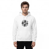 Front view of a men’s premium white hoodie by HOLO streetwear, featuring the bold Skulls design centered on the chest. The design is a striking overlap of skulls, forming an abstract shape at first glance. Upon closer inspection, the detailed skulls emerge, their larger size ensuring they don’t stay hidden for long.