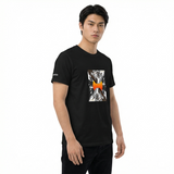 Front-right view of black men’s heavyweight t-shirt featuring the HOLO Logo in the right sleeve and the Solis Altura design on the chest.