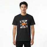 Front view of a black men’s heavyweight t-shirt by HOLO streetwear, featuring the Solis Altura design and the HOLO logo in the right sleeve. The design of Solis Altura features a rectangular shape with a sun positioned in the center, surrounded by mountains on each side, all facing inward. The peaks of the top and bottom mountains overlap the sun, while the side mountains remain positioned behind it.