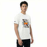 Front-right view of a white men’s heavyweight t-shirt with our logo on the right sleeve.