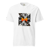 Front view of a white women’s heavyweight t-shirt by HOLO streetwear, featuring the Solis Altura design and the HOLO logo in the right sleeve. The design of Solis Altura features a rectangular shape with a sun positioned in the center, surrounded by mountains on each side, all facing inward. The peaks of the top and bottom mountains overlap the sun, while the side mountains remain positioned behind it.