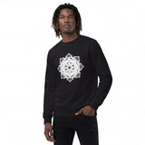 Front-left view of a black men’s eco sweatshirt by HOLO Streetwear, featuring the bold Star Snake design centered on the chest. The eight-pointed star is intricately formed by snake heads and intertwined bodies. The black and white snake illustrations create dynamic contrasts depending on the garment color. A black circle at the center contains a decorative pattern made from snake tails. A unique fusion of geometric art and streetwear style.