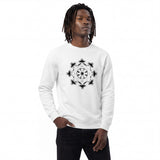 Front-right view of a white men’s eco sweatshirt by HOLO Streetwear, featuring the bold Star Snake design centered on the chest. The eight-pointed star is intricately formed by snake heads and intertwined bodies. Each star point is filled in black. The black and white snake illustrations create dynamic contrasts depending on the garment color. A black circle at the center contains a decorative pattern made from snake tails. A unique fusion of geometric art and streetwear style.