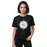 Front view of a black women’s organic t-shirt by HOLO Streetwear, featuring the bold Star Snake design centered on the chest.