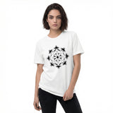 Front view of a white women’s organic t-shirt by HOLO Streetwear, featuring the bold Star Snake design centered on the chest. The eight-pointed star is intricately formed by snake heads and intertwined bodies. Each star point is filled in black. The black and white snake illustrations create dynamic contrasts depending on the garment color. A black circle at the center contains a decorative pattern made from snake tails. A unique fusion of geometric art and streetwear style.