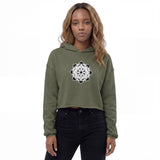 Front view of a military green women’s crop hoodie by HOLO Streetwear, featuring the bold Star Snake design centered on the chest. The eight-pointed star is intricately formed by snake heads and intertwined bodies. Each star point is filled in black. The black and white snake illustrations create dynamic contrasts depending on the garment color. A black circle at the center contains a decorative pattern made from snake tails. A unique fusion of geometric art and streetwear style.