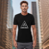 Men’s T-Shirt cover featuring a model wearing Triangular Fusion, standing against an urban city background.