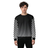 Front view of a men’s all-over printed swearshirt by HOLO streetwear. The Stripe B&W design features a vertical gradient that fades from black at the top to gray towards the bottom. A black waistband adds contrast, making the gray pop. The sleeves stand out with bold black and white diagonal stripes, creating a striking visual effect. A modern streetwear piece with a sharp, monochromatic look.