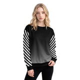 Front view of a women’s all-over printed swearshirt by HOLO streetwear. The Stripe B&W design features a vertical gradient that fades from black at the top to gray towards the bottom. A black waistband adds contrast, making the gray pop. The sleeves stand out with bold black and white diagonal stripes, creating a striking visual effect. A modern streetwear piece with a sharp, monochromatic look.