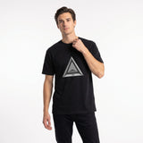 Front view of a black men’s organic t-shirt by HOLO streetwear, featuring the Triangular Fusion design