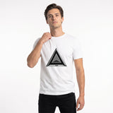 Front view of a white men’s organic t-shirt by HOLO streetwear, featuring the Triangular Fusion design centered on the chest. The design is a blend of multiple, non-uniform triangular shapes layered within each other. Its wavy texture creates a dynamic effect, balanced by a sleek black and gray color scheme. A modern streetwear piece with an abstract, geometric twist.