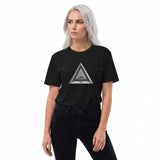 Front-view of a black women’s organic t-shirt by HOLO streetwear, featuring the Triangular Fusion design centered on the chest. The design is a blend of multiple, non-uniform triangular shapes layered within each other. Its wavy texture creates a dynamic effect, balanced by a sleek black and gray color scheme. A modern streetwear piece with an abstract, geometric twist.